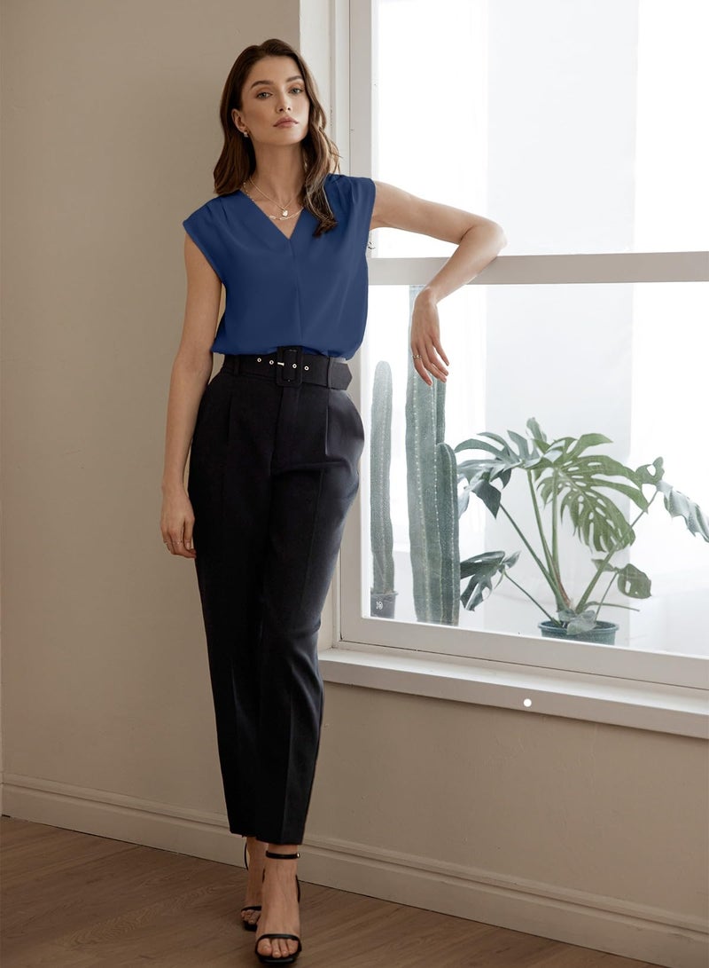 EVALESS Business Casual Tops for Women Dressy Casual Pleated V Neck Sleeveless Blouses Trendy Work Shirts Dirty Blue L - Image 5