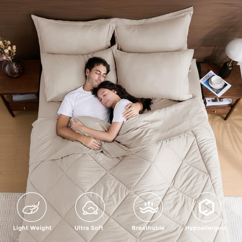 HEVUMYI Beige Tan Queen Comforter Set - 7-Piece All Season Bed in a Bag Queen, Ultra Soft Bedding Set with Comforter, Flat Sheet, Fitted Sheet, Pillowcases, Pillow Shams, Beige Tan - Image 2