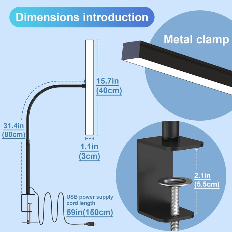 LOOPITYS LED Desk Lamp for Home Office, Double Head LED Desk Lamp with Clamp, Eye Protection Architect Table Lamps, 18W 80CM Brightest 5 Color Modes and Dimmable Workbench Office Light for Reading (BLACK) - Image 5