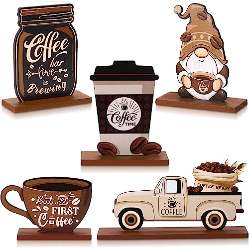 Blulu 5 Pieces Coffee Bar Decor Sign Farmhouse Coffee Bar Wood Signs Rustic Cafe Wooden Table Centerpiece Cafe Table Tiered Tray Decor for Home Kitchen Decorations - Image 1