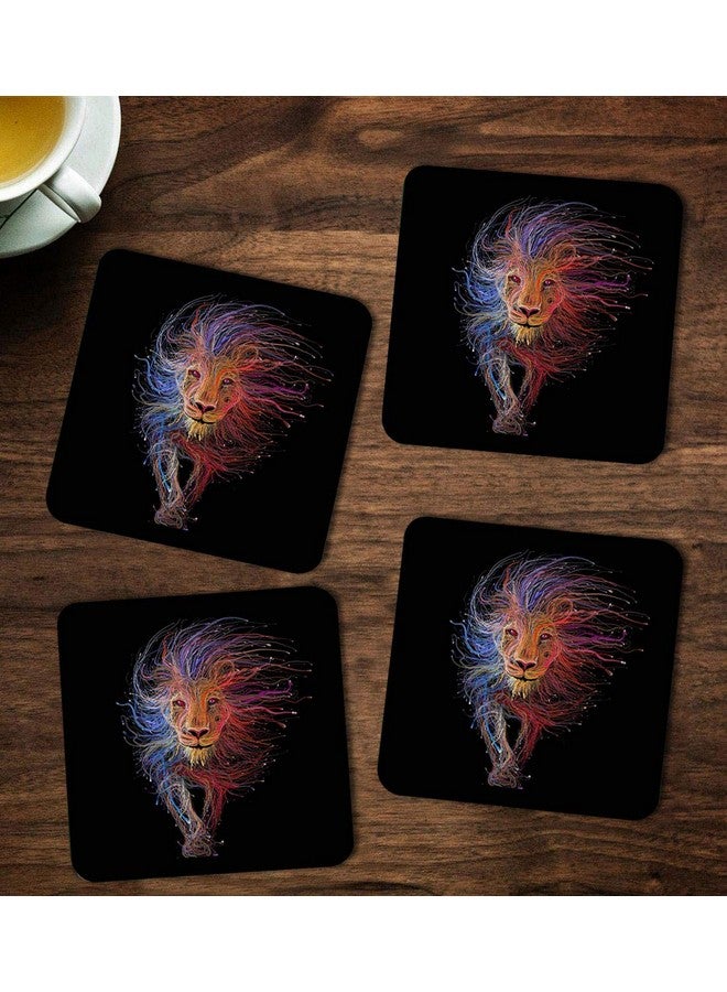 ASHVAH Lion Print/Typography Tea/Coffee Mug/Designer Handmade Wooden Coaster Set for Home Kitchen, Office Desk - Set of 4 - Square: 10cm - Image 1