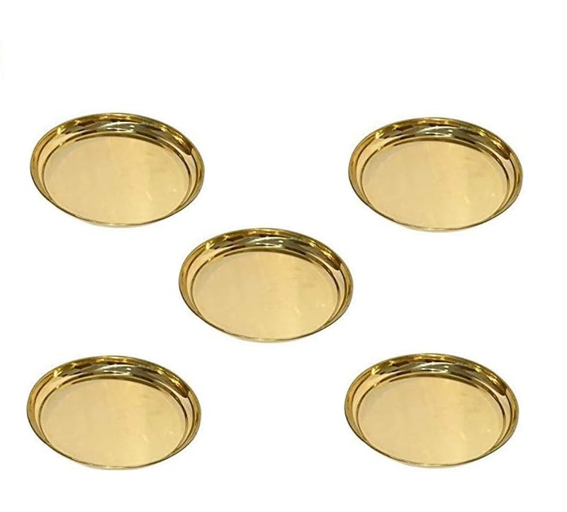 Pure Brass Multipurpose PoojaSnacksRiceBhojanHalwa PlatePatra Size1111 Inches Set of 5 Pcs for Home and Puja PurposeEspecially Hindu Traditional Occasions