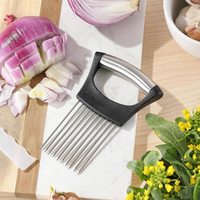 Mumulo Onion Slicer, Stainless Steel Onion Cutter for Slicing and Storage Onions, Tomato, Eggs and Vegetables, Protective Cover Included, Dishwasher Safe (Black) - Image 5