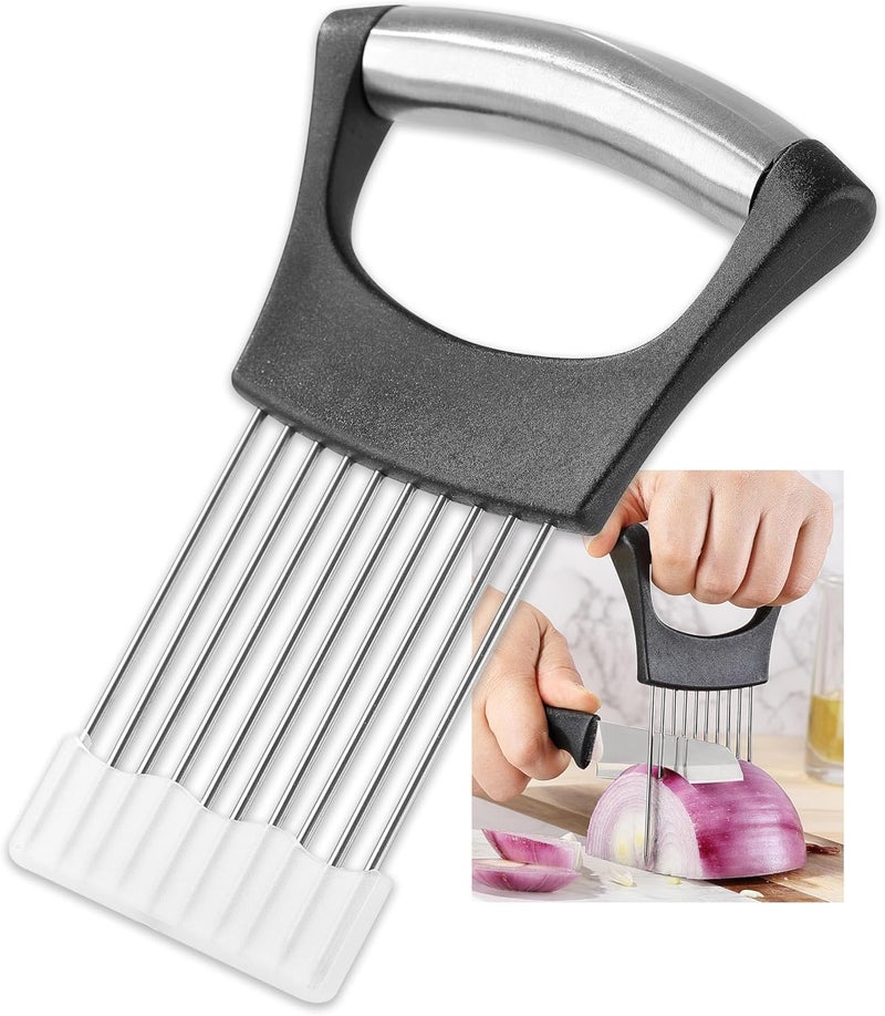 Mumulo Onion Slicer, Stainless Steel Onion Cutter for Slicing and Storage Onions, Tomato, Eggs and Vegetables, Protective Cover Included, Dishwasher Safe (Black) - Image 1