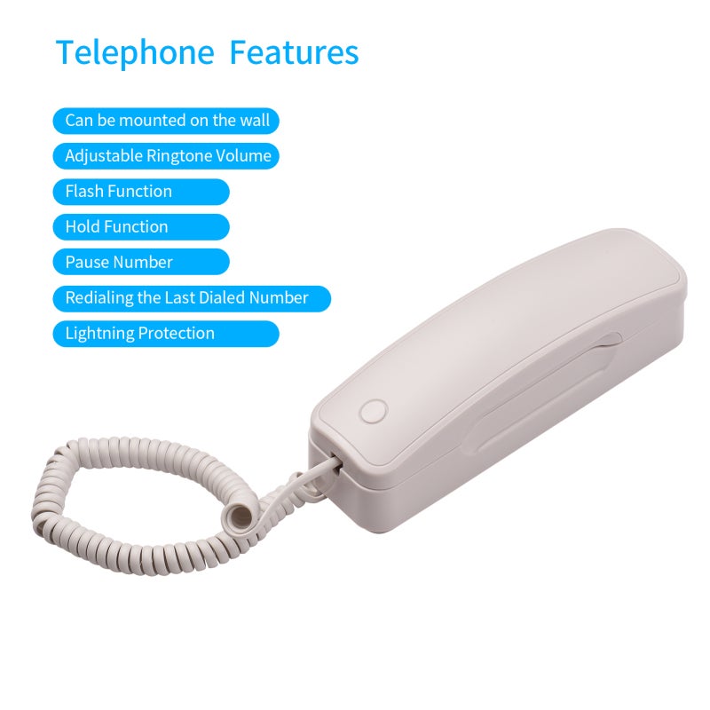 White Home Phone: ABS Plastic Wall Mounted Unit With Coil Cord - No Battery Required, Adjustable Ring Volume, Hold Redial Functions for Home Office Hotel Cafe - Image 3