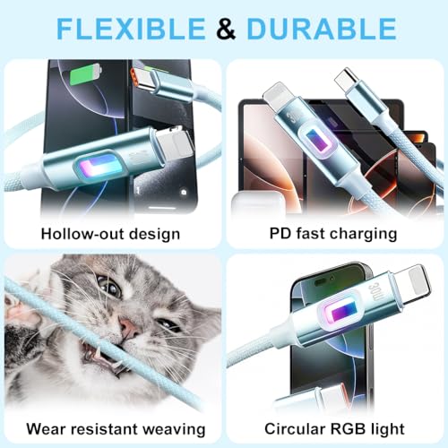 Verilux® PD 30W Type C to Lighting Cable with Breathing Light, 5.9Ft/1.8M Lighting Cable Nylon Braid with 480Mbps Data Sync for iPhone 14/13/12/11 Pro Max X XS XR 8/7/6s Plus SE, Blue - Image 4