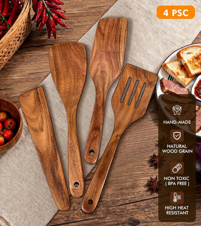 MemoGem 4Pcs Wooden Spatula for Cooking, Acacia Wooden Spatula for Kitchen Use, Nonstick Cookware Safe Utensils Set including Turner, Slotted Turner, Paddle and Scraper, Ideal Cooking Utensils Gift Set - Image 5
