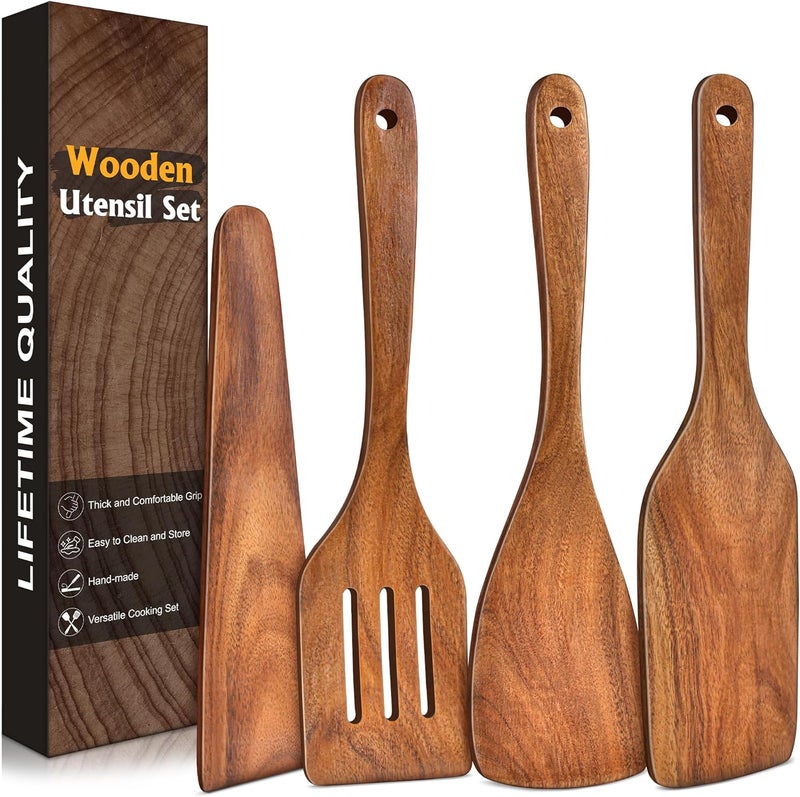MemoGem 4Pcs Wooden Spatula for Cooking, Acacia Wooden Spatula for Kitchen Use, Nonstick Cookware Safe Utensils Set including Turner, Slotted Turner, Paddle and Scraper, Ideal Cooking Utensils Gift Set - Image 1