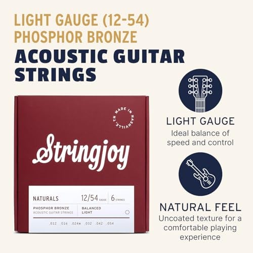 Stringjoy NB1254 Phosphor Bronze Acoustic Guitar Strings, 12-54 Light Gauge, Acoustic Guitar Strings for Clear Tones, Durable Light Guitar Strings, Naturals 6 String Set - Image 2