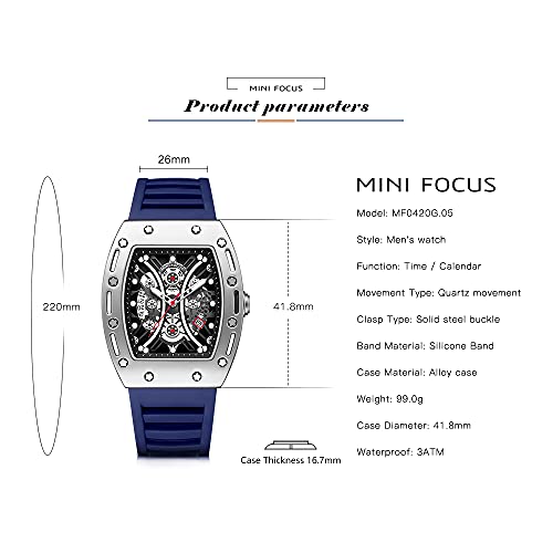 MF MINI FOCUS Watch for Men Wristwatch Fashion Hollow Big Dial Luminous Waterproof Sport Analog Quartz Business Mens Watches Blue Silicon Strap Dress Watch - Image 5