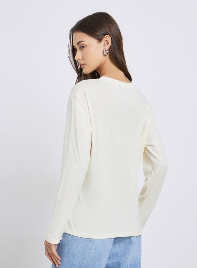 ستايلي بلوزة محبوك سادة بأكمام طويلة مطوية - Image 5