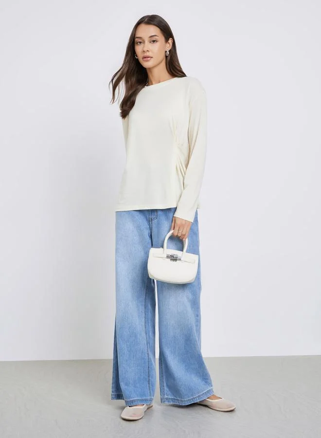 Styli Solid Pleated Long Sleeve Knit Top