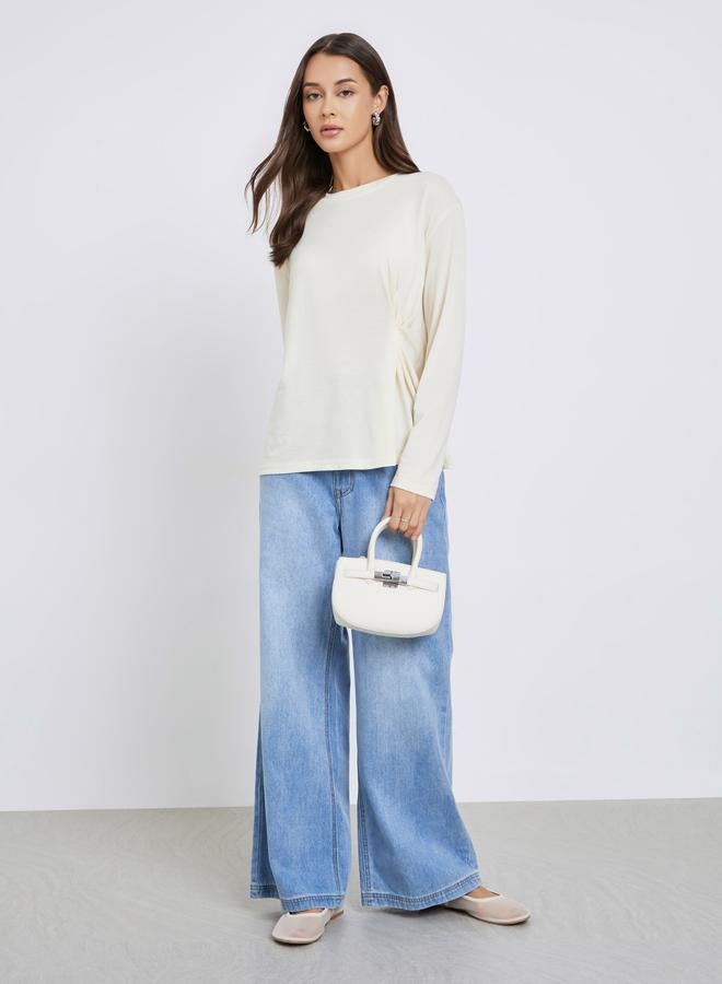 ستايلي بلوزة محبوك سادة بأكمام طويلة مطوية - Image 2