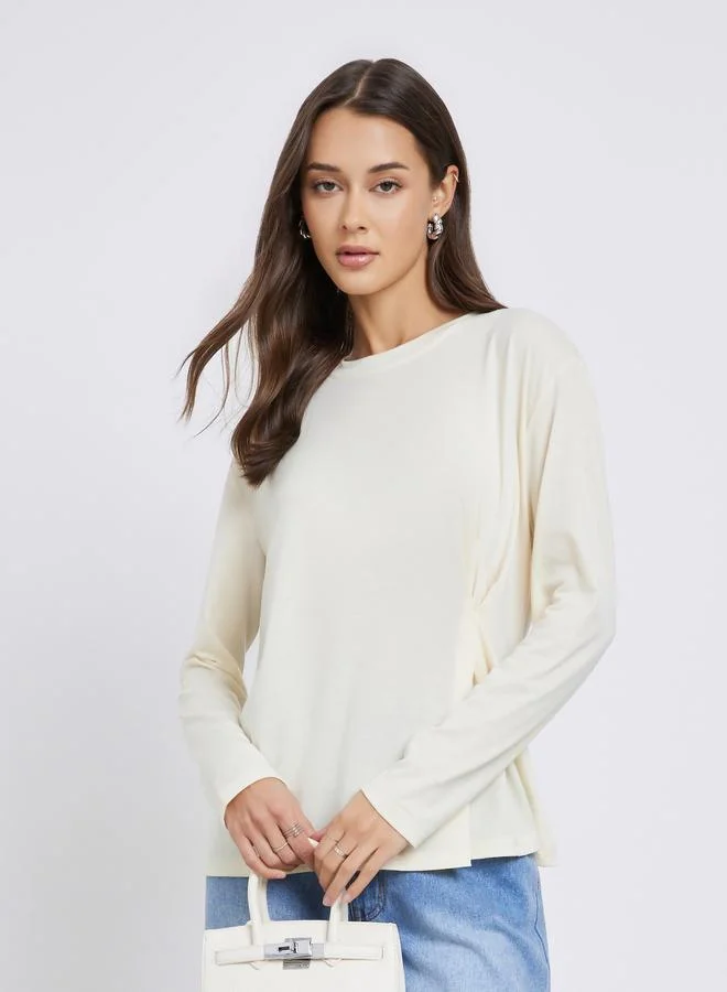 Styli Solid Pleated Long Sleeve Knit Top