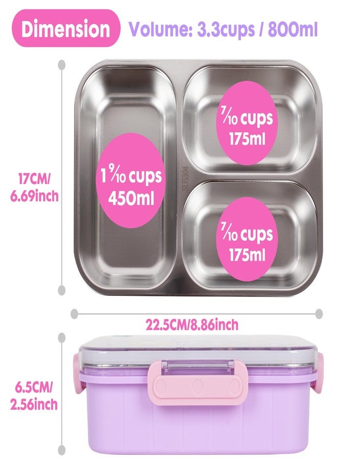 YOYTOO Stainless Steel Bento Lunch Box for Kids, 800ml/27oz BPA-Free Leak-Proof Food Containers with 3 Compartments, Freezer & Dishwasher Safe, Back to School Students Lunches Size for Ages 3-7 - Image 3
