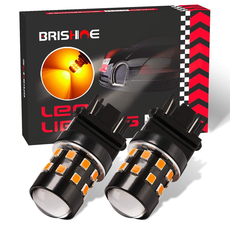 مصابيح LED برشين سوبر برايت 3157 3156 3056 3057 4157 3047 4057 3457 T25 باللون الأصفر الكهرماني 930V غير قطبي 24SMD شرائح LED مع بروجيكتور لإشارات الانعطاف وأضواء العلامة الجانبية - عبوة من 2