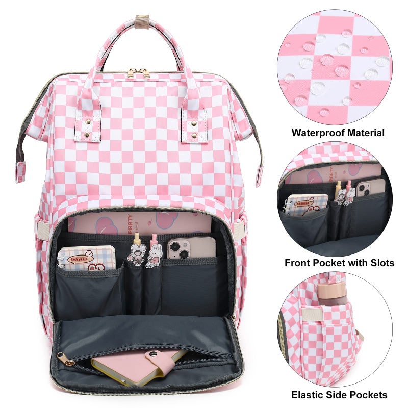 Dezcrab Checkered Laptop Backpack for Women, College Bookbag School Backpack Work Business Travel 15.6 Inch Computer Backpacks (Pink) - Image 2