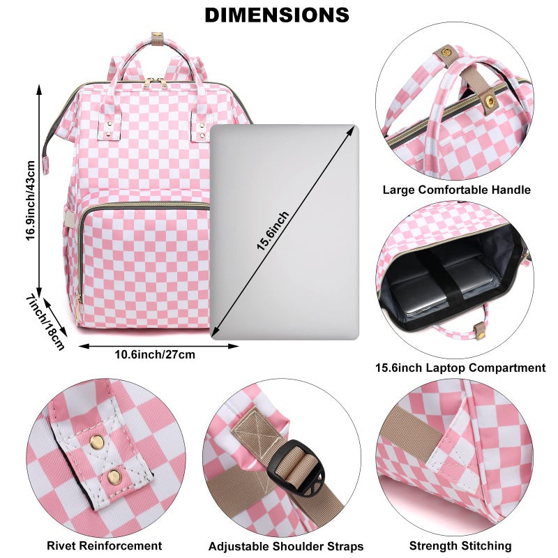 Dezcrab Checkered Laptop Backpack for Women, College Bookbag School Backpack Work Business Travel 15.6 Inch Computer Backpacks (Pink) - Image 5