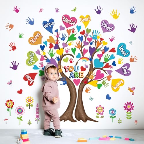wondever Large Hearts Tree Handprint Wall Stickers Classroom Tree Inspirational Quotes You are Strong Peel and Stick Wall Art Decals for Kids Room Elementary School Teacher Classroom - Image 2
