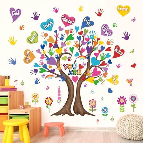 wondever Large Hearts Tree Handprint Wall Stickers Classroom Tree Inspirational Quotes You are Strong Peel and Stick Wall Art Decals for Kids Room Elementary School Teacher Classroom - Image 1