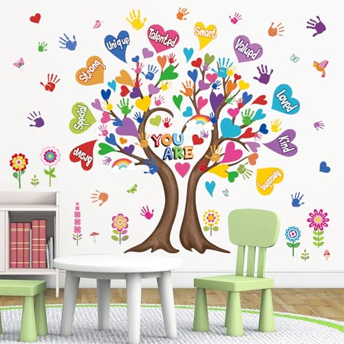 wondever Large Hearts Tree Handprint Wall Stickers Classroom Tree Inspirational Quotes You are Strong Peel and Stick Wall Art Decals for Kids Room Elementary School Teacher Classroom - Image 3