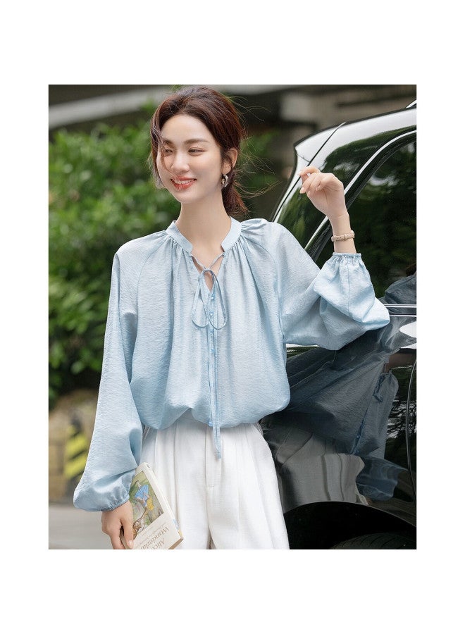 dme Demana Spring And Autumn Lightweight Oxygen Linen Lyocell Blend Elegant V-neck Ribbon Pocket Sleeve Women's Shirt - Image 4