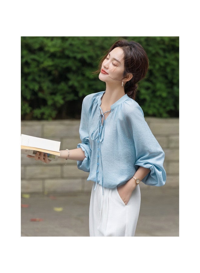 dme Demana Spring And Autumn Lightweight Oxygen Linen Lyocell Blend Elegant V-neck Ribbon Pocket Sleeve Women's Shirt - Image 1