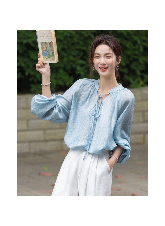 dme Demana Spring And Autumn Lightweight Oxygen Linen Lyocell Blend Elegant V-neck Ribbon Pocket Sleeve Women's Shirt - Image 5