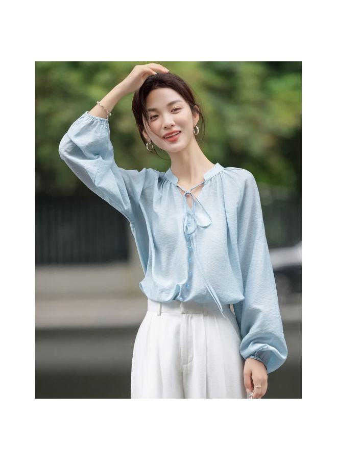 dme Demana Spring And Autumn Lightweight Oxygen Linen Lyocell Blend Elegant V-neck Ribbon Pocket Sleeve Women's Shirt - Image 3
