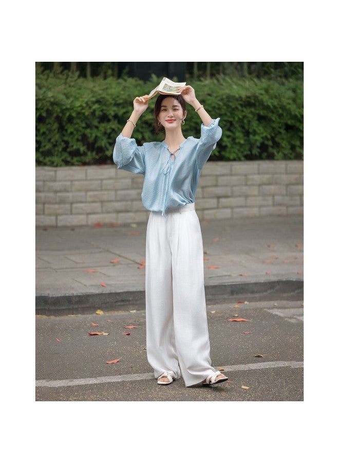 dme Demana Spring And Autumn Lightweight Oxygen Linen Lyocell Blend Elegant V-neck Ribbon Pocket Sleeve Women's Shirt - Image 2