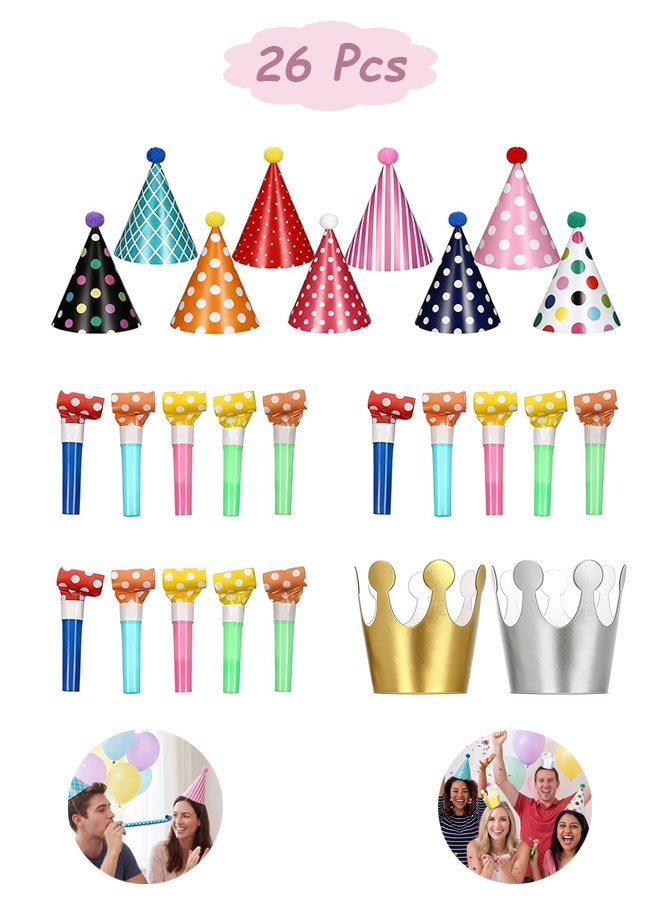 GD 26 PCS Birthday Party Hats and Blowouts Set Cone Hats Crown Hats and Party Blowers for Holiday Decorations Photo Props Birthday Parties - Image 1