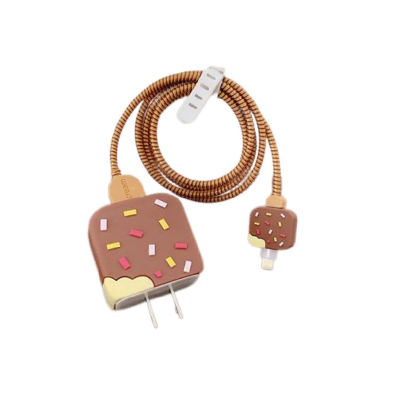 CERLINK Cable Protector for Apple iPhone Charger 20W/18W Type C, 3D Cute Cartoon Case Adaptor Cover Full Cable Connection Protectors Protective Protection Wire Sleeves Guard (Brown Icecream) - Image 1