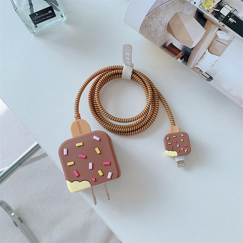 CERLINK Cable Protector for Apple iPhone Charger 20W/18W Type C, 3D Cute Cartoon Case Adaptor Cover Full Cable Connection Protectors Protective Protection Wire Sleeves Guard (Brown Icecream) - Image 2