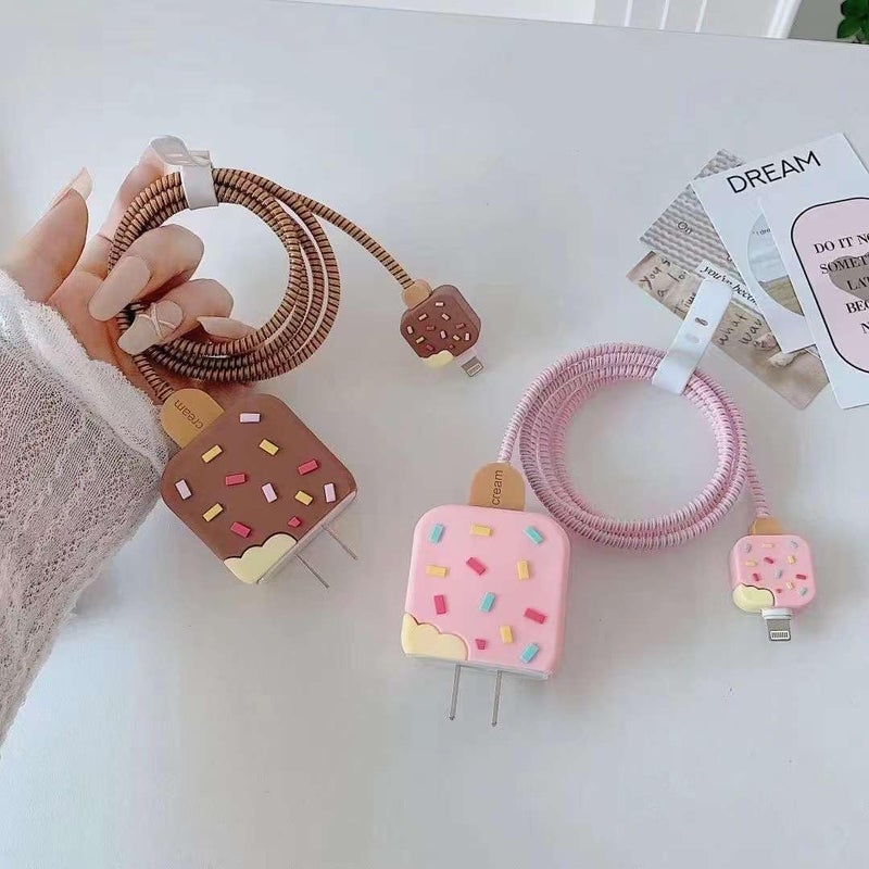 CERLINK Cable Protector for Apple iPhone Charger 20W/18W Type C, 3D Cute Cartoon Case Adaptor Cover Full Cable Connection Protectors Protective Protection Wire Sleeves Guard (Brown Icecream) - Image 3