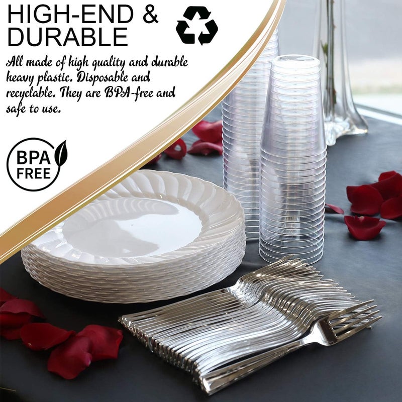 Smarty Had A Party Elegant Disposable Plastic Buffet Party Set for 90 Guests  Fancy Heavy Duty Flared White 9 Inch Lunch Plates Silver Forks  Cups For All Occasions - Image 4
