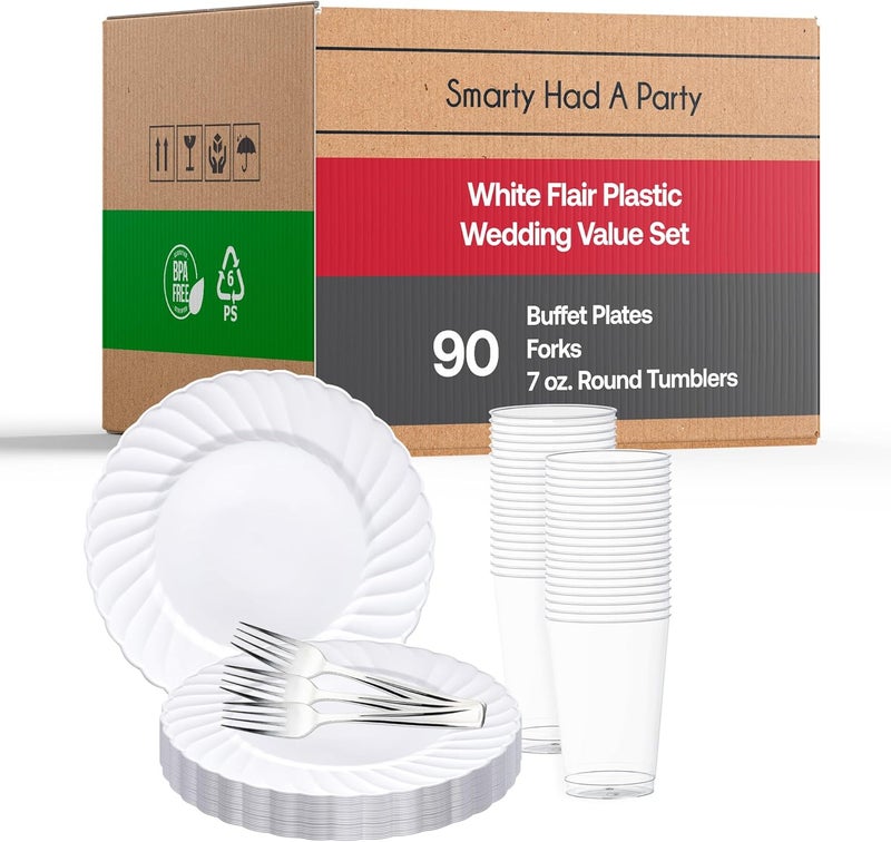 Smarty Had A Party Elegant Disposable Plastic Buffet Party Set for 90 Guests  Fancy Heavy Duty Flared White 9 Inch Lunch Plates Silver Forks  Cups For All Occasions - Image 1