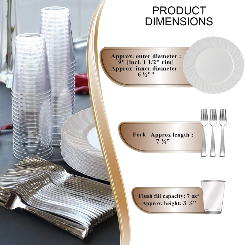 Smarty Had A Party Elegant Disposable Plastic Buffet Party Set for 90 Guests  Fancy Heavy Duty Flared White 9 Inch Lunch Plates Silver Forks  Cups For All Occasions - Image 2