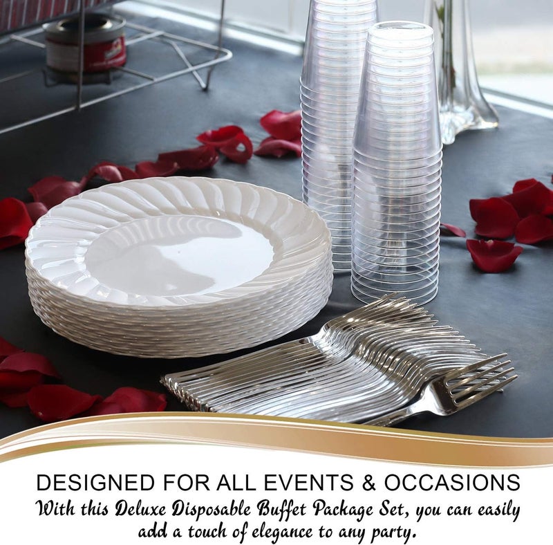 Smarty Had A Party Elegant Disposable Plastic Buffet Party Set for 90 Guests  Fancy Heavy Duty Flared White 9 Inch Lunch Plates Silver Forks  Cups For All Occasions - Image 3