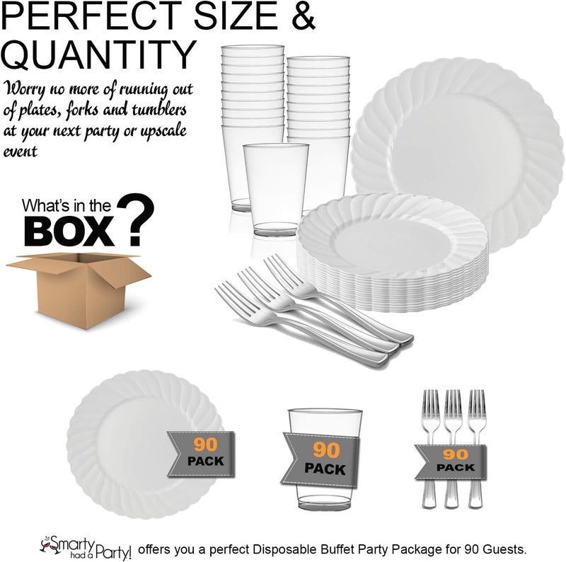 Smarty Had A Party Elegant Disposable Plastic Buffet Party Set for 90 Guests  Fancy Heavy Duty Flared White 9 Inch Lunch Plates Silver Forks  Cups For All Occasions - Image 5