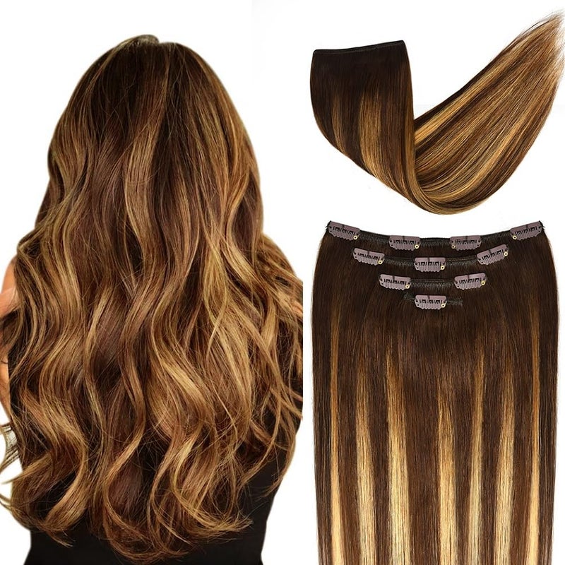 Winsky 14 Clip in Hair Extensions Balayage Human Hair for Women 4pieces Silky Straight Chocolate Brown to Honey Blonde Highlight Brown Ombre Hair 50grams 4T27 P4 Color