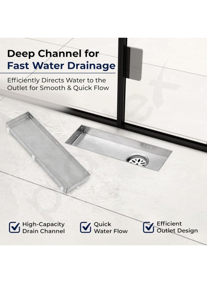 Plantex 304 Grade Stainless Steel Tile Insert Shower Drain Channel/12x4 Inches Waste Water Floor Drain/Invisible Shower Drain Channel with Cockroach Trap - (BH-4104, Chrome) - Image 2