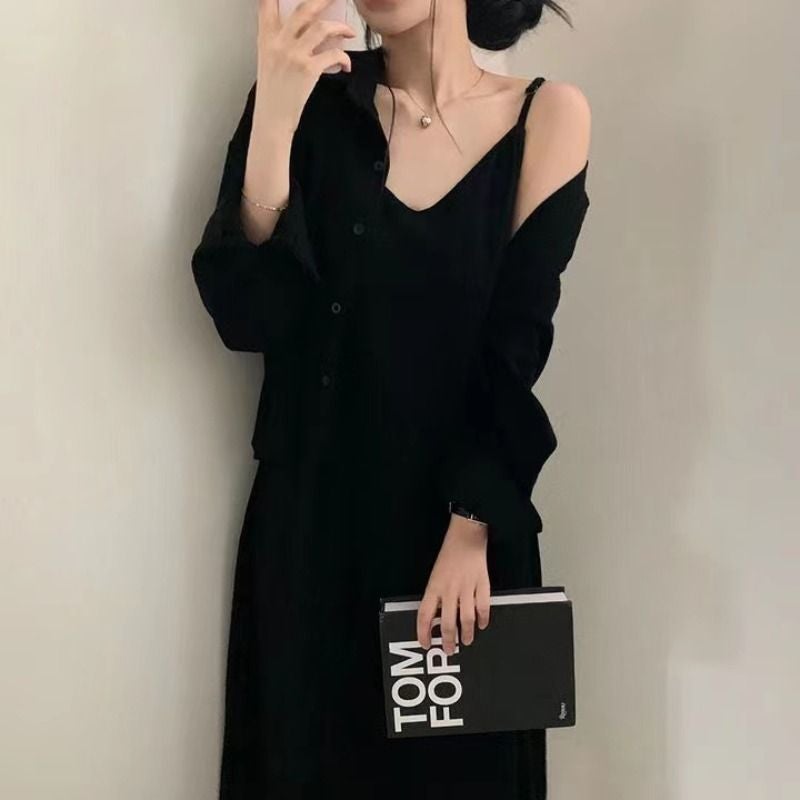 Korean Chic Vintage Dress  Shirt Set for Women Black dress - Image 5