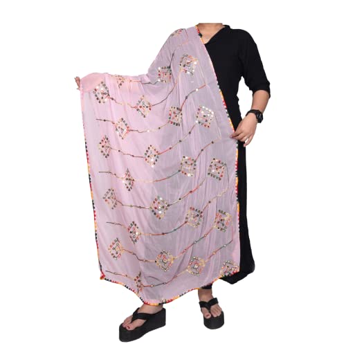KEMZA Women's Embroidered Mirror Work Chiffon Dupatta (Light Pink) Rajasthani Banjara Dupatta with Kuchi Work For Festival, Wedding, Party - Image 2