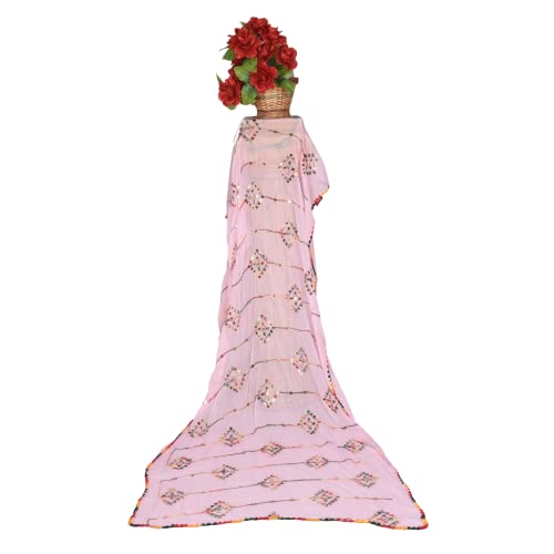 KEMZA Women's Embroidered Mirror Work Chiffon Dupatta (Light Pink) Rajasthani Banjara Dupatta with Kuchi Work For Festival, Wedding, Party - Image 3