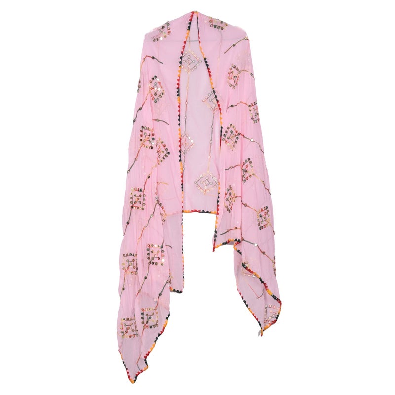 KEMZA Women's Embroidered Mirror Work Chiffon Dupatta (Light Pink) Rajasthani Banjara Dupatta with Kuchi Work For Festival, Wedding, Party - Image 4