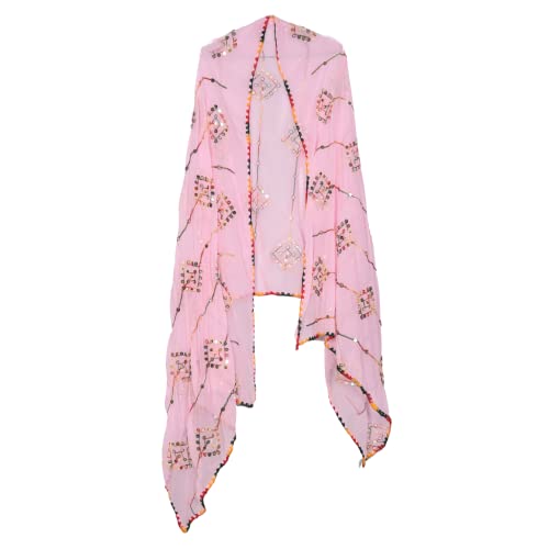 KEMZA Women's Embroidered Mirror Work Chiffon Dupatta (Light Pink) Rajasthani Banjara Dupatta with Kuchi Work For Festival, Wedding, Party - Image 1