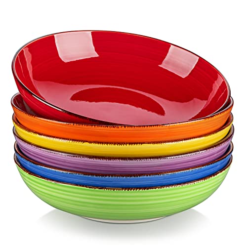 vancasso Bonita Pasta Bowls Set of 6, 38 oz Shallow Bowls, Ceramic Pasta Plates and Salad Bowls, Microwave & Dishwasher Safe Serving Bowls, Assorted Colors - Image 1