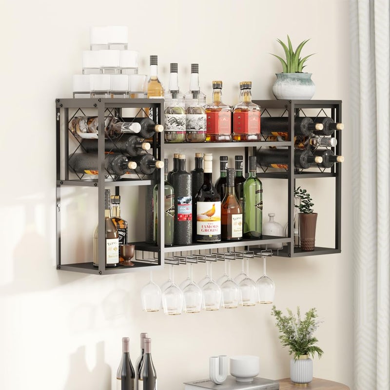 KaKaBB Metal Wall Mounted Wine Rack 2 Tier, Bar Shelves for Liquor Bottles with Glass Holder Storage, Floating Liquor Wall Shelf for Home Bar Kitchen Dining Room (Black) - Image 1