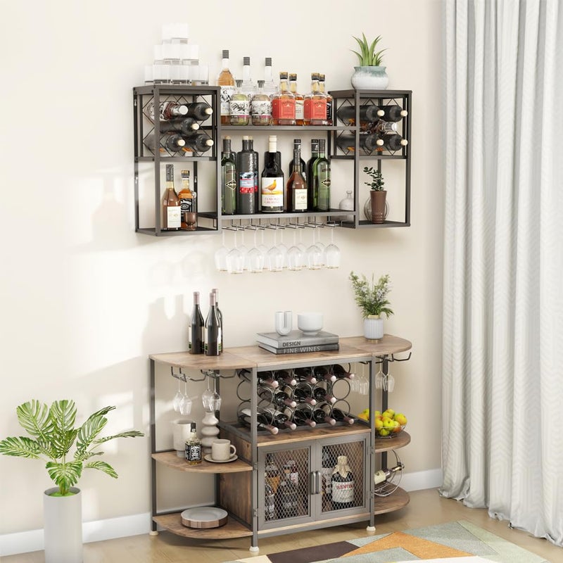 KaKaBB Metal Wall Mounted Wine Rack 2 Tier, Bar Shelves for Liquor Bottles with Glass Holder Storage, Floating Liquor Wall Shelf for Home Bar Kitchen Dining Room (Black) - Image 4