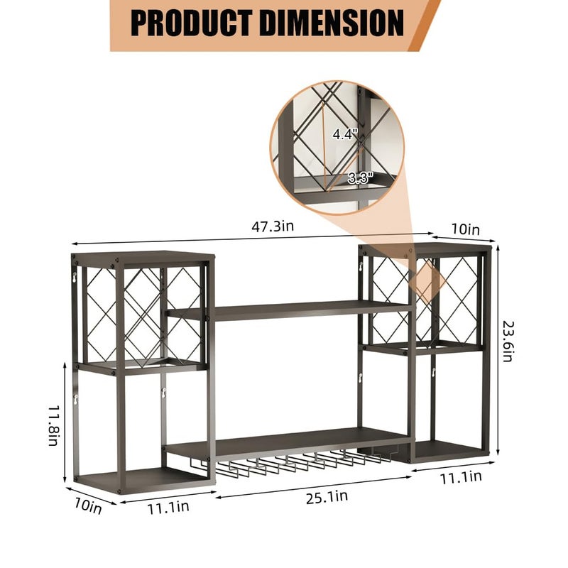 KaKaBB Metal Wall Mounted Wine Rack 2 Tier, Bar Shelves for Liquor Bottles with Glass Holder Storage, Floating Liquor Wall Shelf for Home Bar Kitchen Dining Room (Black) - Image 2